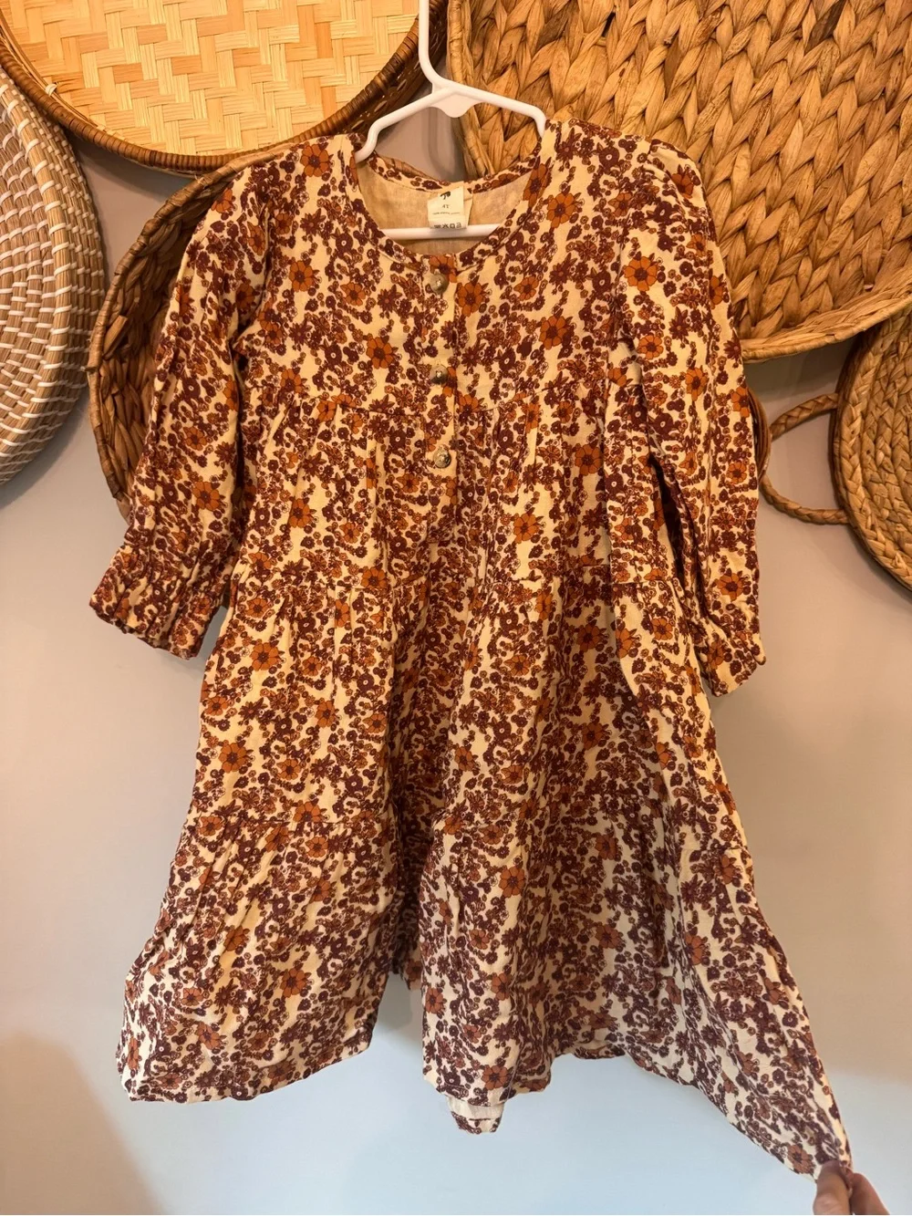 kate quinn Cream and Rust Floral Long-Sleeve Girls' Dress